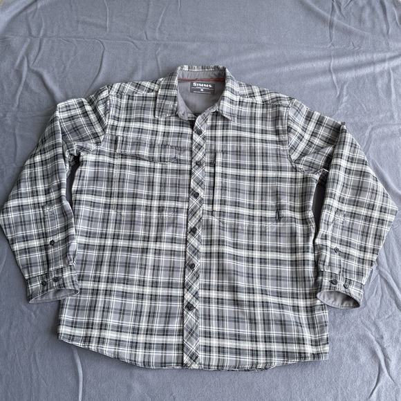 Simms Cold Weather Shirt Jacket Men XL Gray Plaid Button Up Shacket Thermal Fish